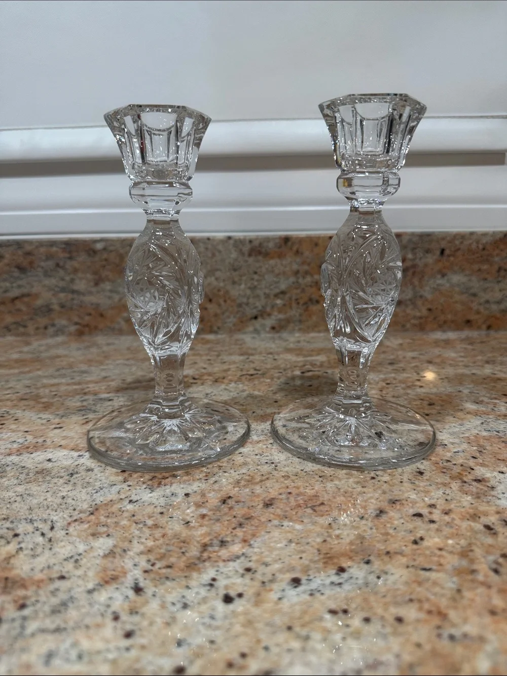 (2) 6.5 inch Elegant Clear Crystal Cut Candlestick Pair